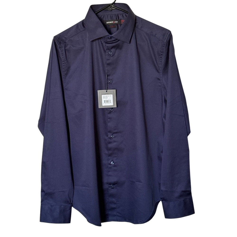 DSTRCT & Row Slim Fit Dress Shirt Navy Size M Wrinkle-Free Long Sleeve Button Up - Picture 2 of 9